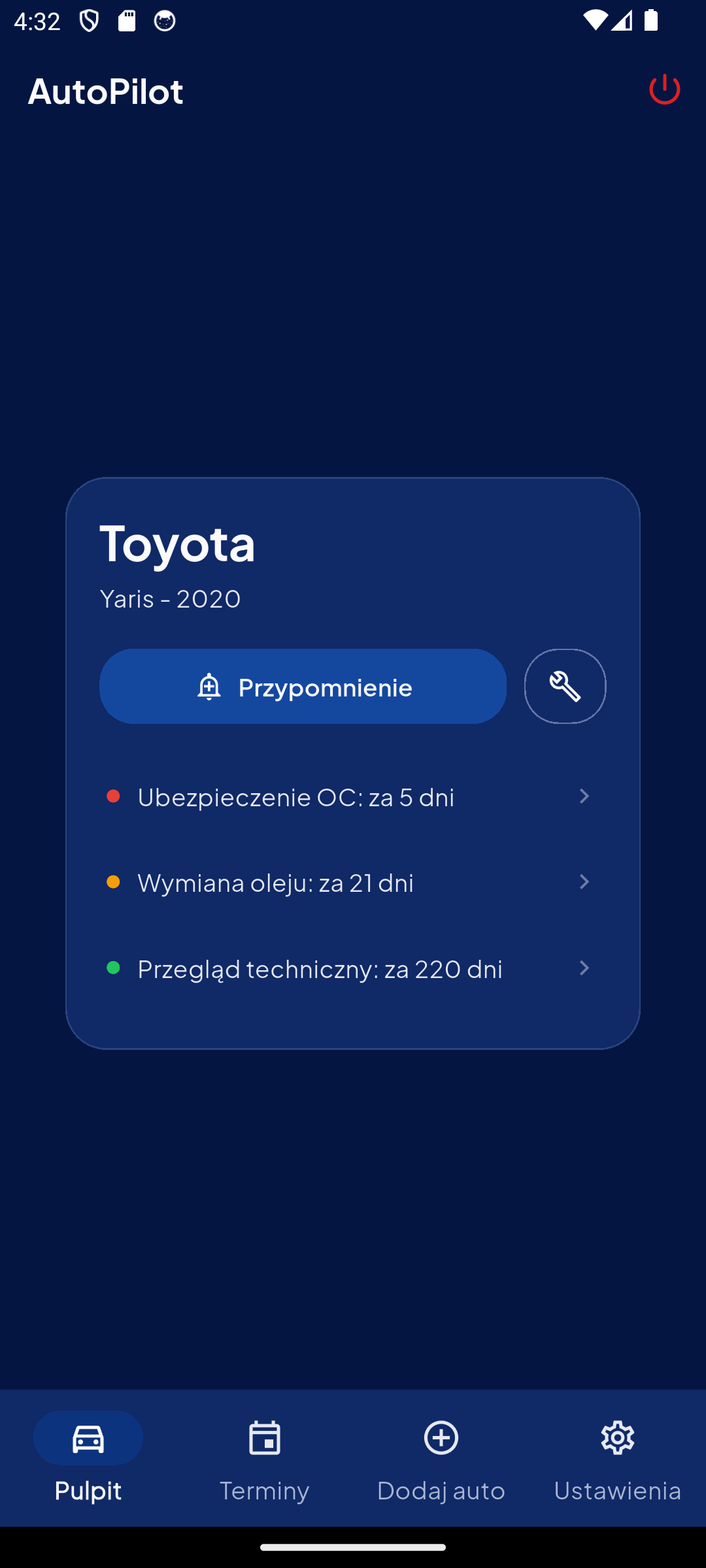 Pulpit AutoPilot z terminami auta