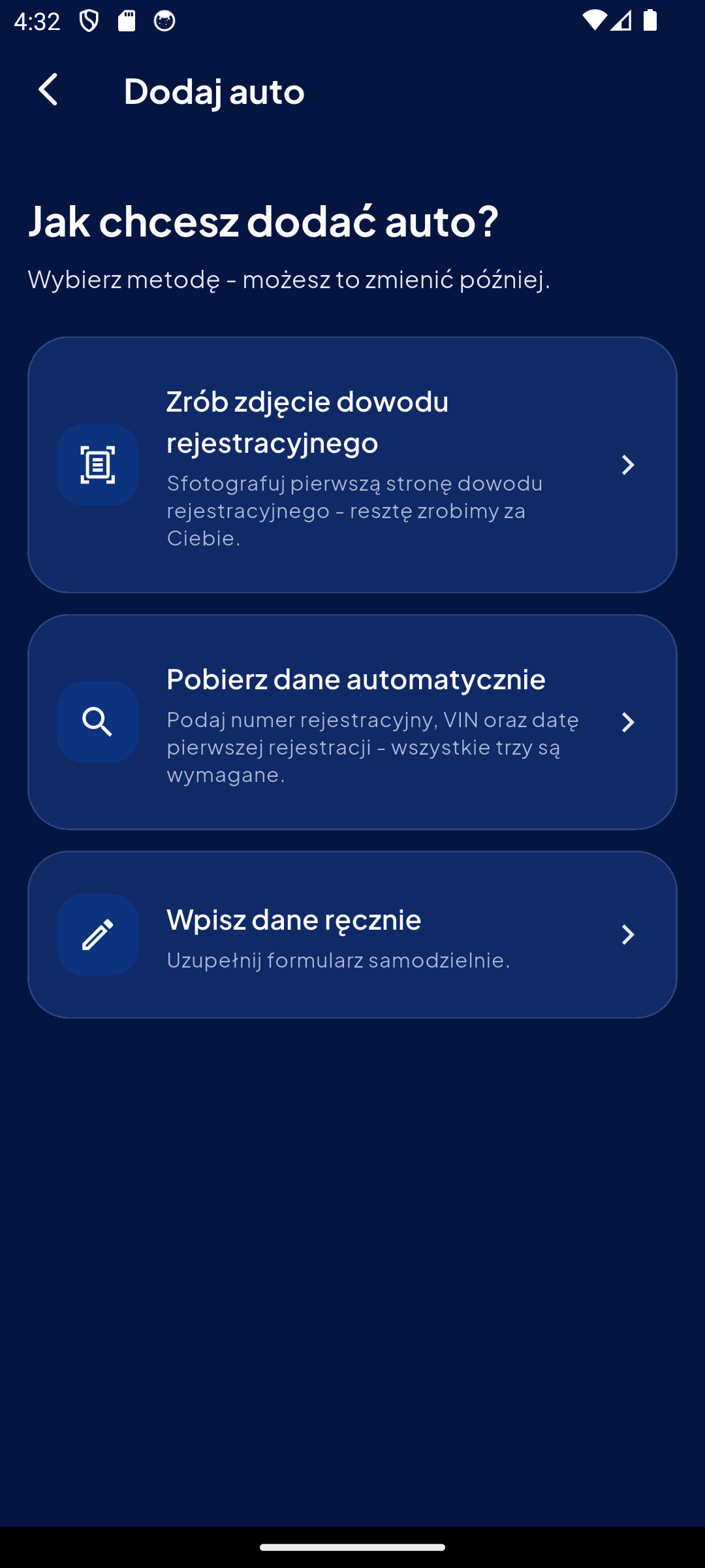 Wybór metody dodania auta