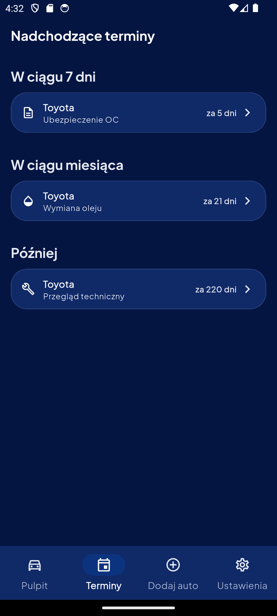 Lista nadchodzących terminów