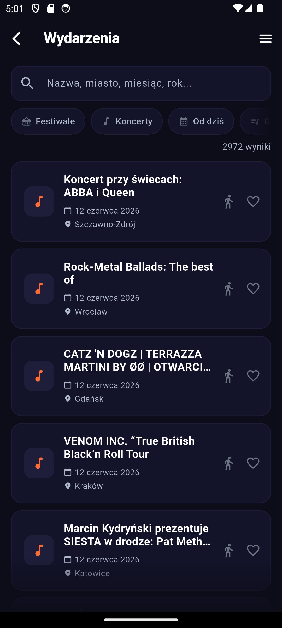 Lista i filtry wydarzeń