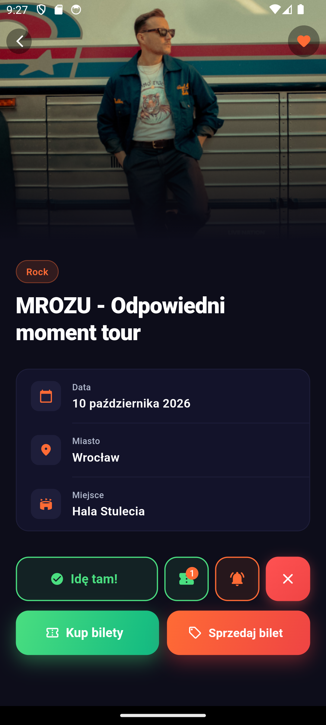 Szczegóły wydarzenia z przyciskami Kup bilety i Sprzedaj bilet